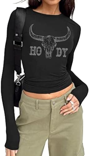 Tewmeu Cowgirl Outfits for Women Western Country Concert Graphic Crop Tops Rodeo Cropped Tight Long Sleeve Shirts - Image 1