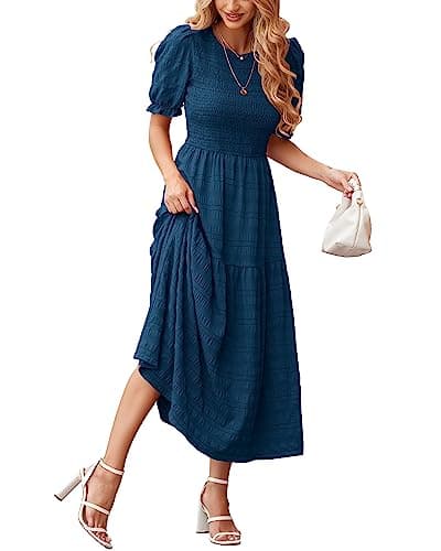 dowerme Womens Summer Dresses 2025 Casual Puff Short Sleeve Crewneck Smocked Flowy Ruffle Boho Beach Party Maxi Sundress(Lake Blue,X-Large) - Image 1