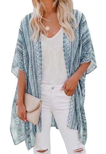 PRETTYGARDEN Summer Kimonos for Women Boho Floral Short Sleeve Kimono Cardigans Swimsuit Beach Cover Ups for Women Swimwear (Light Blue Floral, Large) - Image 1