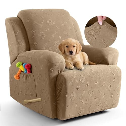 Ruaozz Recliner Chair Covers, 4-Pieces Recliner Cover Stretch Paw Bone Prints Reclining Chair Slipcovers Soft Furniture Protector with Pockets for Lazy Boy Recliner (1 Seat, Light Coffee) - Image 1