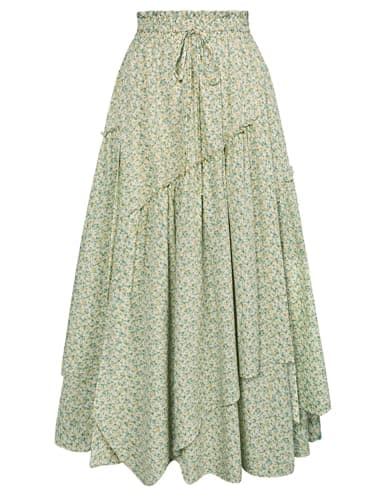 Scarlet Darkness Women Floral Print Boho Skirt Elastic High Waist Long Maxi Skirts with Pockets Yellow Floral S - Image 1