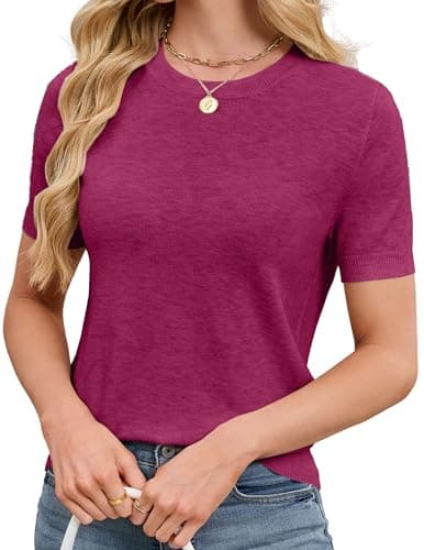 SunnyMelody Womens Short Sleeve Sweater Tops Wool Knit Cashmere Lightweight Crew Neck Loose Fit Teacher Office Blouses Shirts Capsule Wardrobe Dressy Business Outfits Travel Summuer 2026 Pink XL - Image 1