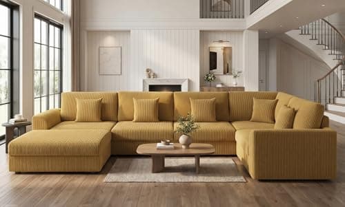 146" Modular Sectional Sofa, Oversized U Shaped Couch, Convertible Sleeper Sofa, 6 Seat Sofa with Chaise, Deep Seat Comfy Cloud Couch with Ottoman and Five Pillows for Living Room, Corduroy, Yellow - Image 1