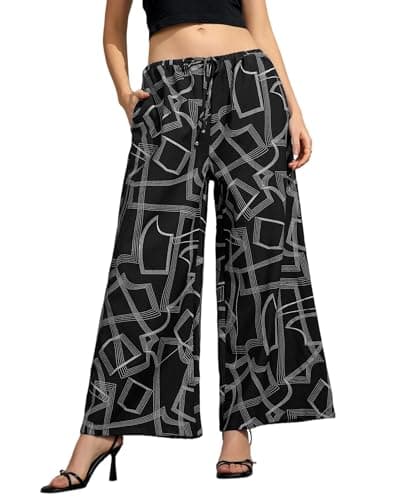 Ystguic Womens Wide Leg Drawstring Palazzo Lounge Pants Geometric Print Elastic Waist Comfy Casual Rayon Pants Out Going Travel 2025 Trendy Small YG070 Black S - Image 1