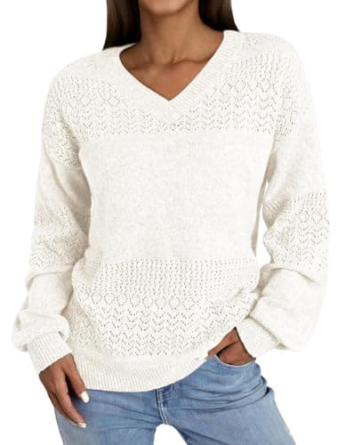 NORACORA Women's V Neck Fall Sweaters Crochet Soft Lightweight Ribbed Knit Loose Pullover Sweater Long Sleeve Tops 2025 Trendy Outfits White - Image 1