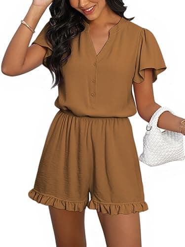 ECOWISH Womens Shorts Rompers Summer Button Short Flare Sleeve Ruffle Wide Leg Mini One Piece Jumpsuits Pockets V Neck Outfit 86 Khaki S - Image 1