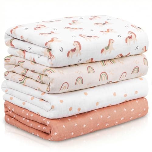 CIVARUA KIDS Muslin Swaddle Blankets for Newborn, 4 Pack Cotton Baby Blankets, Large 31.5 x 43.3 inch Breathable Soft Receiving Blanket, Essentials Swaddle Wrap Burping Clothes, Orange Rainbow Horse - Image 1