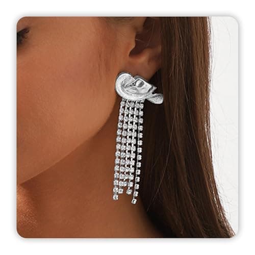 DAYANEY Cowgirl Earrings for Women Western, Silver Rhinestone Cowboy Hat Earrings as Cowgirl Chic Accessories Rodeo Outfit for Women, Sparkly Western Jewelry as Country Concert Disco Party Decorations - Image 1