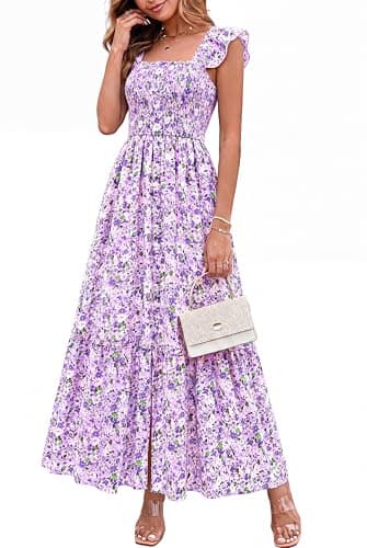 dowerme Womens Summer Maxi Dresses 2026 Casual Ruffle Sleeve Button Smocked Floral Slit Boho Dress Spring Beach Sundress(Floral Purple,XX-Large) - Image 1