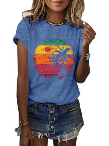 GEMLON Women Summer Short Sleeve Tops Hawaiian Beach Tropical Vacation T Shirts Tee for Women S Blue - Image 1