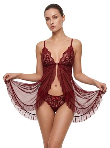 AOOXOOA Women's Babydoll Lingerie Set with G-String, Wine Red, S - Image 1