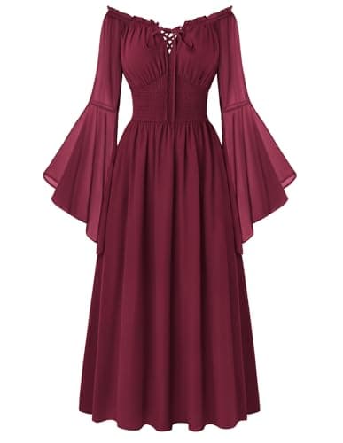 Scarlet Darkness Renaissance Dress Women Peasant Medieval Costume Off Shoulder Maxi Dresses with Pockets Wine S - Image 1