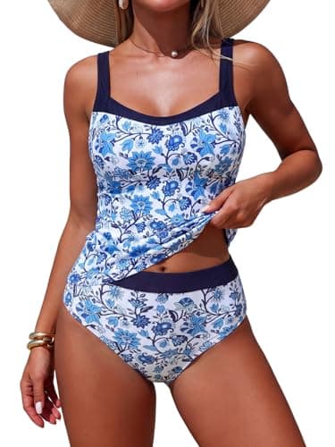 ZAFUL Tummy Control Bathing Suits for Women High Waisted Tankini Swimsuits Cute Summer Beach Swimwear, Blue Floral XL - Image 1