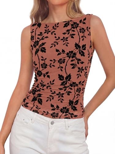 BTFBM Womens Tank Tops 2026 Summer Floral Mesh Sleeveless Boat Neck Slim Fit Shirts Casual Spring Ruched Going Out Top(Brown, Medium) - Image 1