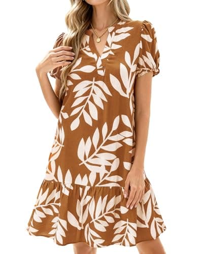 dowerme Womens Summer Dresses 2026 Puffy Sleeve V Neck Loose Floral Print A Line Boho Mini Babydoll Dress with Pockets(Khaki,XX-Large) - Image 1