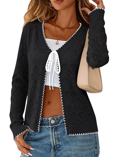 Biodeer Women's Crochet Cardigan Sweater Long Sleeve Tie Front Top Pointelle Hollow Out Knit Shrug Black - Image 1