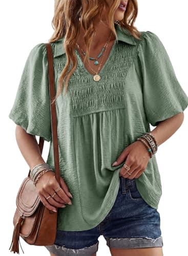 Astylish Womens Casual Smocked V Neck Cute Babydoll Tops Puff Sleeve Elegant Peplum Tunic Blouse Shirt Grass Green Small - Image 1