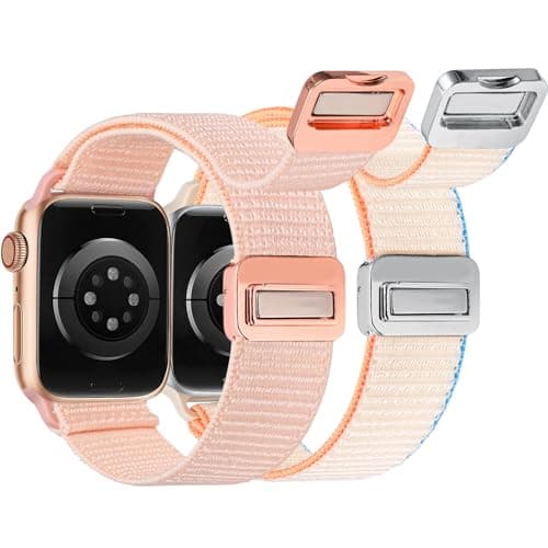 Crodi 2 Packs Nylon Loop Sport Bands Compatible with Apple Watch Band 38/40/41/42mm Women Men, Strong Magnetic Adjustable Straps for iWatch Series 11 10 9 8 7 6 5 4 SE/Ultra 3 2 1, Pink&Starlight