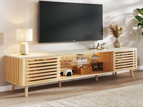 HUAHUU 70" TV Stand for 55/65/75 Inch TV, Faux Marble Top Entertainment Center with Slatied Sliding Door & LED Lights, Mid Century Modern Style, Low TV Console with Glass Shelves for Bedroom - Image 1