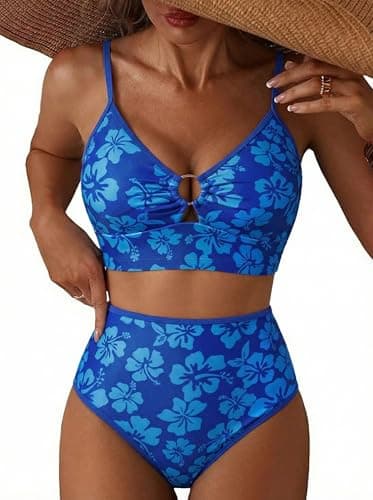 Herseas Women's High Waisted Bikini Sets Cutout Floral Print 2 Piece Swim Suits Removable Wire Free Padded O Ring Suppotive Bathing Suit Cute Resort Wear Essentials X-Large - Image 1