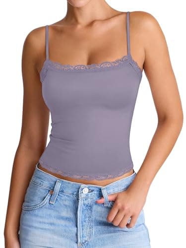 PINKMSTYLE Women Sexy Square Neck Tank Top Summer Y2K Going Out Basic Adjustable Spaghetti Strap Lace Cami Shirt Lavender Medium - Image 1