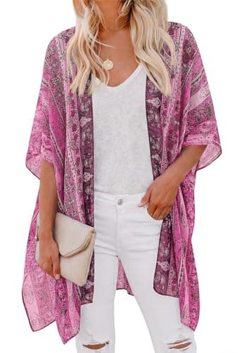 PRETTYGARDEN Summer Kimonos for Women Boho Floral Short Sleeve Kimono Cardigans Swimsuit Beach Cover Ups for Women Swimwear (Rose Pink Floral, Large) - Image 1