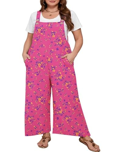 AusLook Plus Size Women's Adjustable Straps Jumpsuits Pink Osmanthus 2X Casual Loose Wide Leg Overalls with Pockets - Image 1