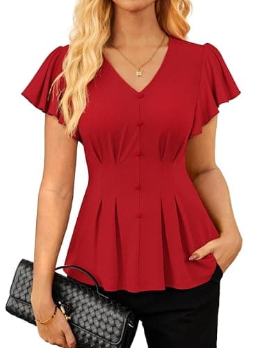 GRACE KARIN Summer Blouses for Women Dressy Casual, 2026 Ruffle Sleeve Peplum Tops, V Neck Business Work Shirts Red L - Image 1