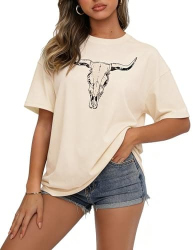 Women's Boho Cow Skull Graphic Tee Vintage Western Cowgirl Rodeo Short Sleeve T Shirt Casual Summer Top - Image 1