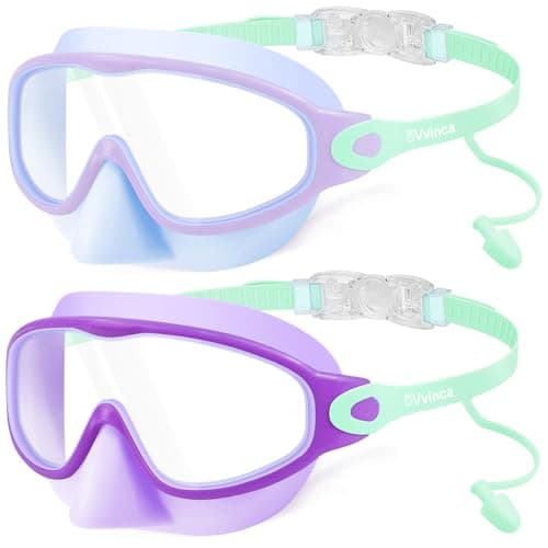 Vvinca Kids Swim Goggles 2 Pack with Nose Cover and Attached Earplugs, Wide View Anti-Fog/UV Swimming Goggles for Age 3-12 Boys Girls, No Leak Pool Water Clear Swimming Goggle for Youth Toddler