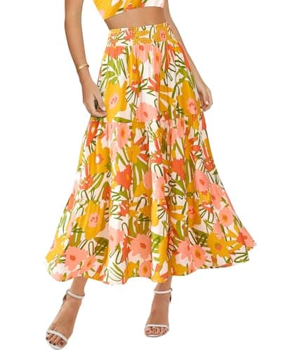 BTFBM Skirts for Women Summer 2026 Floral Print A Line Elastic High Waist Boho Maxi Skirt Spring Fashion Clothing Pocket(Floral White Yellow, Large) - Image 1