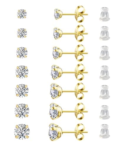 Arminor 7 Pairs 20G Stud Earrings for Women Men Hypoallergenic 316L Surgical Stainless Steel Earrings for Multiple Piercing | AAAAA+ Cubic Zirconia Earring Stacks with Butterfly & Silicone Backs - Image 1