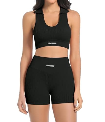 Workout Sets Women 2 Piece Seamless Ribbed Stretch Polo Collar Sports Bra Scrunch Butt Lifting Workout Shorts Stretchy Breathable Gym Yoga Set - Image 1