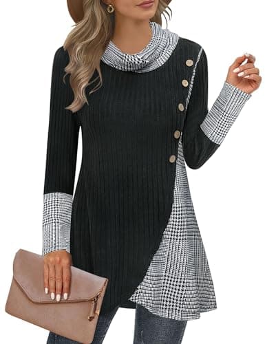 Miusey Womens Sweaters Dressy Casual Lightweight Sweaters Cowl Neck Tunic Sweatshirt to Wear with Leggings Black White Plaid 2XL - Image 1