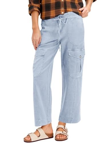 Cicy Bell Womens High Waisted Cargo Pants Straight Leg Ankle Length Drawstring Cotton Casual Hiking Work Pants with Pockets Sky Blue - Image 1
