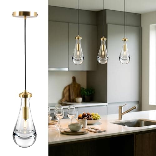 Fulfilment 13-72 Inch Adjustable Raindrop Pendant Light,Suitable for Kitchen Island, Living Room, Bedroom, Hallway... Modern, Crystal Glass, Brass, Light Size 4.72" x 11.61" - Image 1