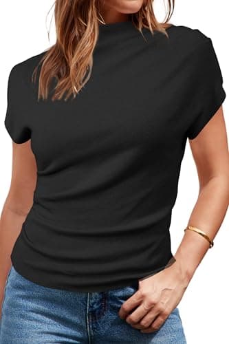 Arach&Cloz Womens Ruched Summer Tops Mock Neck Cap Sleeve Ribbed T Shirts Short Sleeve Slim Fit Ladies Vacation Outfits Going Out Vest Casual Blouse Trendy Black XL - Image 1