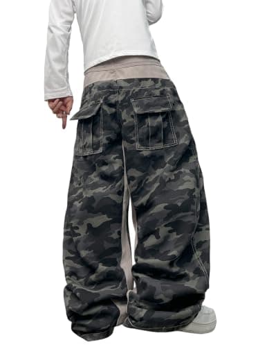 MaxOpen Men's Camo Baggy Jeans Y2k Low Rise Jeans Wide Leg Trendy Long Pants Work Streetwear Camouflage Army Green