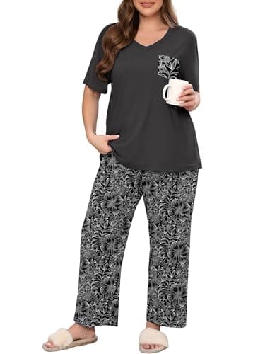 AusLook Plus Women Pajamas Set 2 Piece Lounge Sets Short Sleeve Top and Full Length Pant Chest Pocket Matching Maternity Christmas Print Black White Floral 3X Pjs Loungewear Sleepwear - Image 1