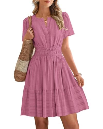 BTFBM Womens Spring 2026 Casual Mini Dresses Lightweight Short Sleeve V Neck Elastic Waist Cute Boho Beach Dress Pockets(Dusty Pink, Small) - Image 1