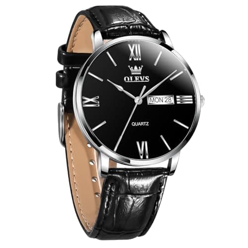 OLEVS Mens Watches Waterproof Watches for Men Analog Quartz Mens Dress Watch with Black Leather Bands Luxury Men’s Watch with Day Date, Large Roman Numerals Dial Reloj para Hombre - Image 1