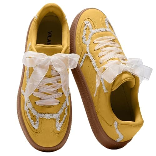 Vilanva Women's Lace Detail Fashion Sneakers Comfortable Casual Dress Sneakers with Retro Gum Sole Walking Trendy Footwear - Image 1