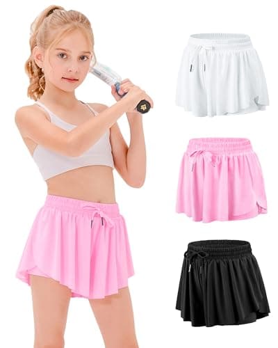 Stelle Girls Flowy Shorts with Pockets Athletic Running Skirt High Waist Butterfly 2 in 1 Sports Short 5-16 Years(BK+WT+CC,M) - Image 1