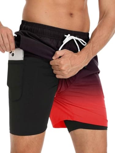 Mens Swim Trunks Compression Liner No Mesh Swimming Trunks Men Swimwear Quick Dry Above Knee Zipper Pocket Swim Shorts - Image 1