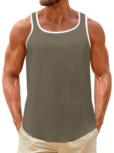 UNCLECAT Mens Sleeveless Tank Tops Workout Muscle Gym Knitted Shirt Athletic Bodybuilding Slim Fit Ribbed T Shirts Dark Khaki - Image 1