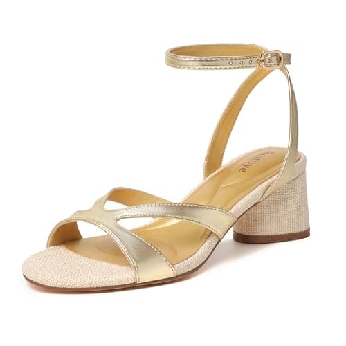Reitoye Women's Chunky Gold Beige Heels Open Toe Woven Strappy Sandals Ankle Strap Low Block Heel Sandals Comfort Party Shoes Size 12 - Image 1