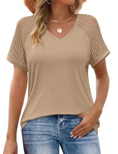 JUSTFASHIONNOW Short Sleeve Blouses for Women Cute Summer Tops Dressy Casual V Neck Tshirts 2026 Trendy Spring Clothes(Khaki,Medium - Image 1