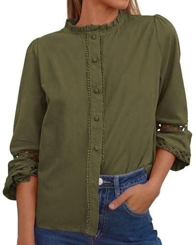KIRUNDO Going Out Tops for Women 2026 Spring Fashion Boho Cotton Eyelet Long Sleeve Button Up Shirt Lace Dressy Casual Blouse(Army Green, XX-Large) - Image 1