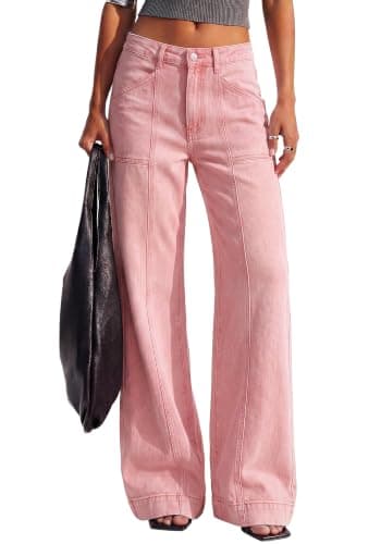BTFBM Women's Wide Leg Jeans High Waisted Stretchy Straight Leg Baggy Jeans Trendy Front Seam Loose Denim Pants Pockets(Pink, 10) - Image 1
