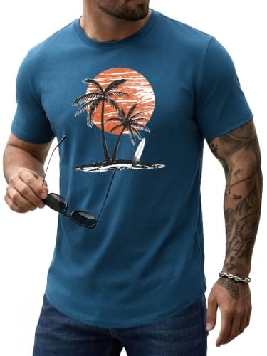 Comdecevis Men Graphic T Shirts Casual Cotton Printed Tees Mens Clothing for Hawaiian Summer Vacation Gray Blue S - Image 1